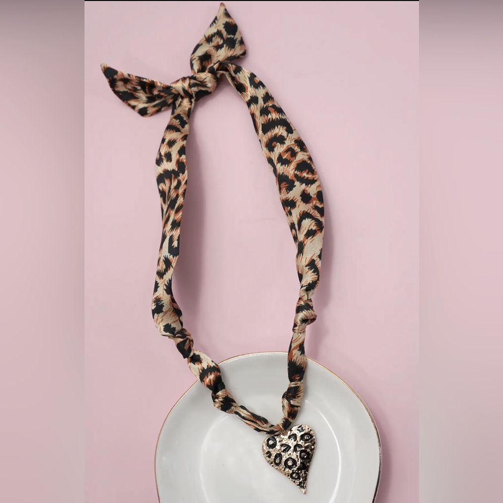 Leopard Print Scarf Necklace with Heart Pendant